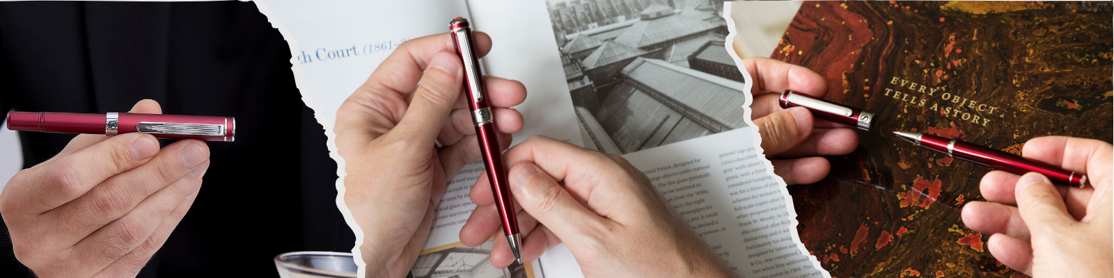 Hands holding Scriveiner luxury red pens while writing on a page and in a magazine.