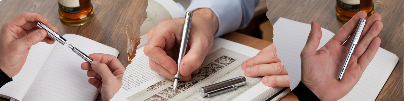 Scriveiner Pocket Fountain pen is presented in lifestyle setting: a man holds the pen in his left hand, writes with it, and shows the pen and a cap