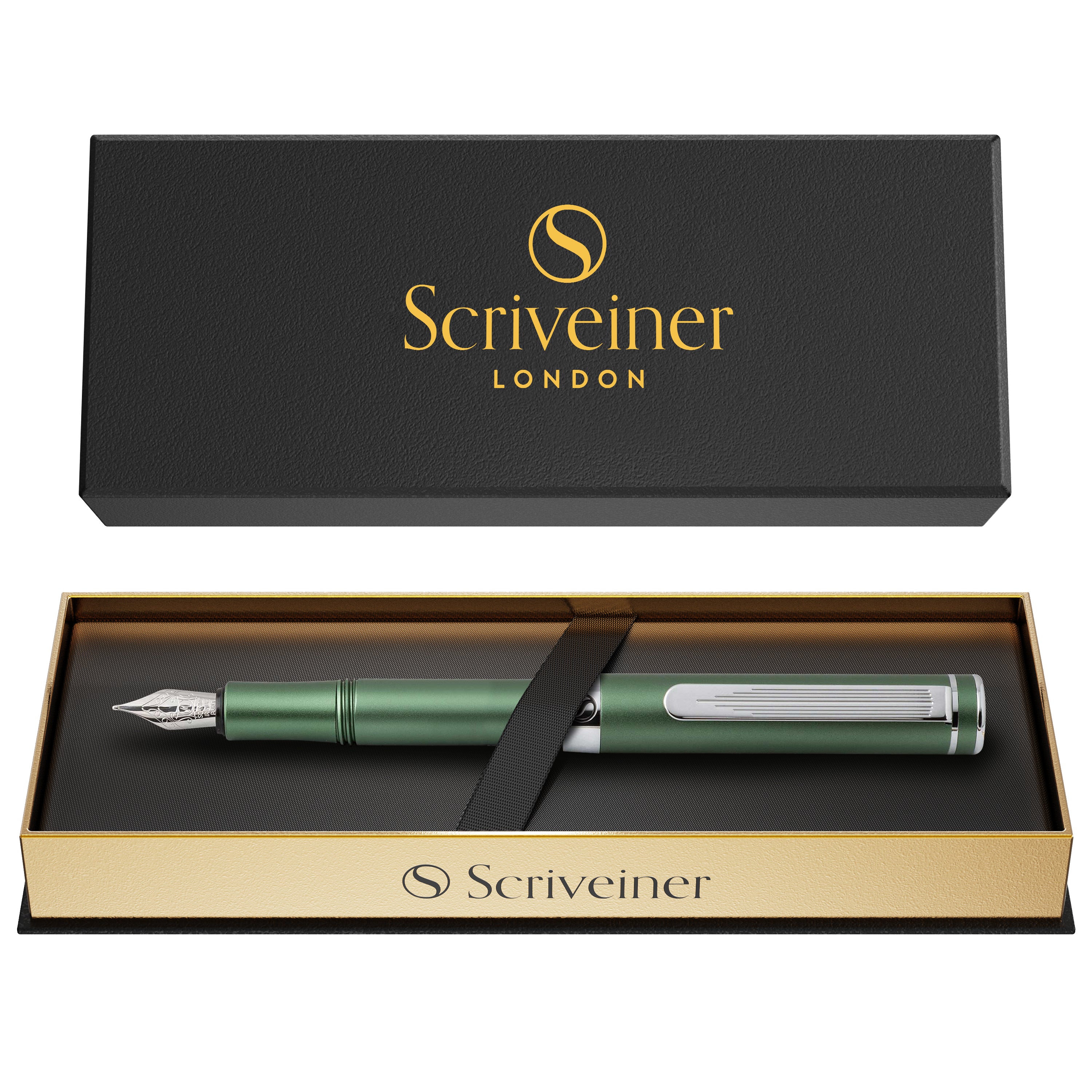 Scriveiner Luxury EDC Fountain Pen (Fine), Stunning Matt Green Pocket Pen, Chrome Finish