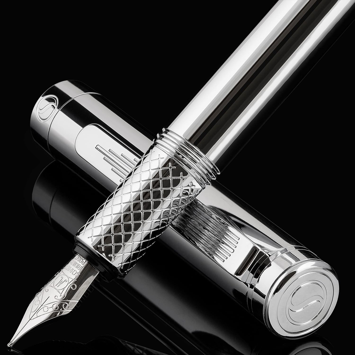 Scriveiner Silver Chrome Fountain Pen (Medium), Award Winning Luxury Pen, Heavy Pocket Pen, Chrome Finish