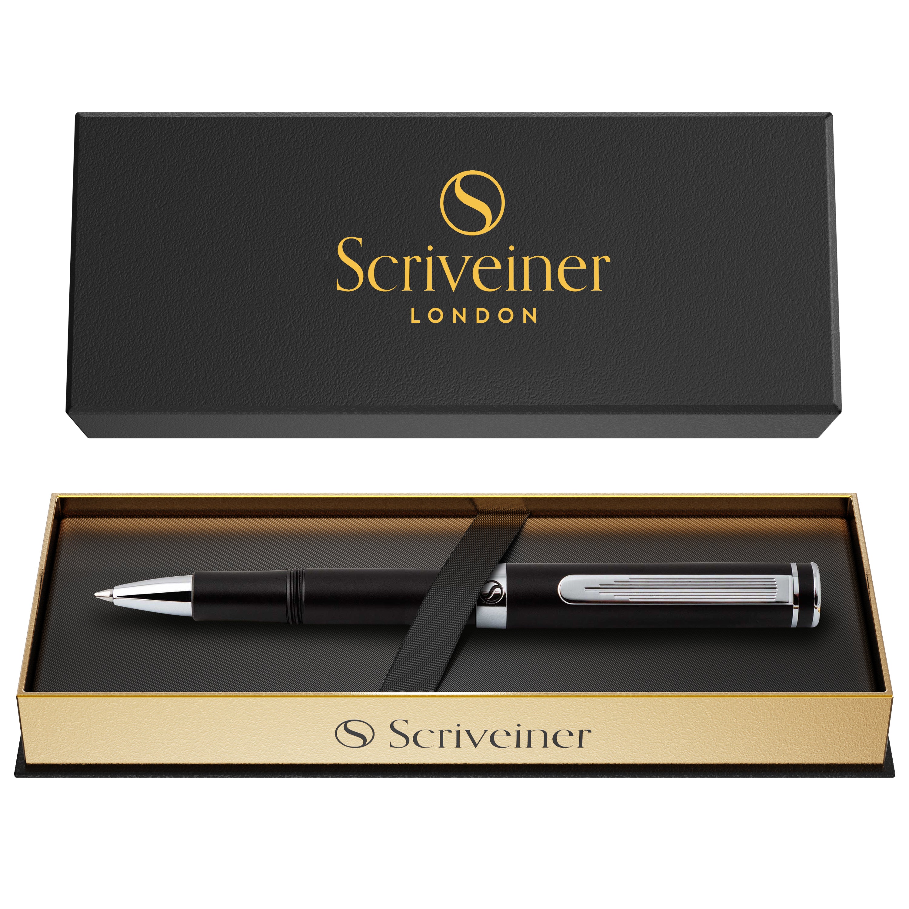 Scriveiner EDC Black Rollerball Luxury Pen, Stunning Pocket Pen with Chrome Finish