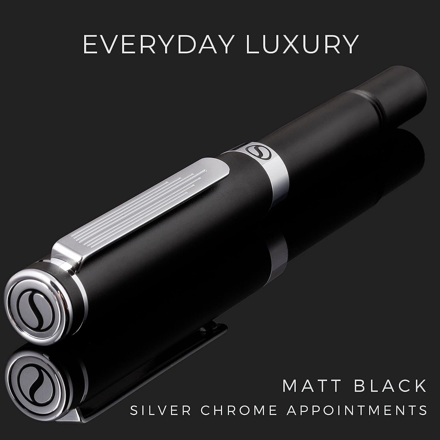 Scriveiner Luxury EDC Fountain Pen (Medium), Stunning Matt Black Pocket Pen, Chrome Finish