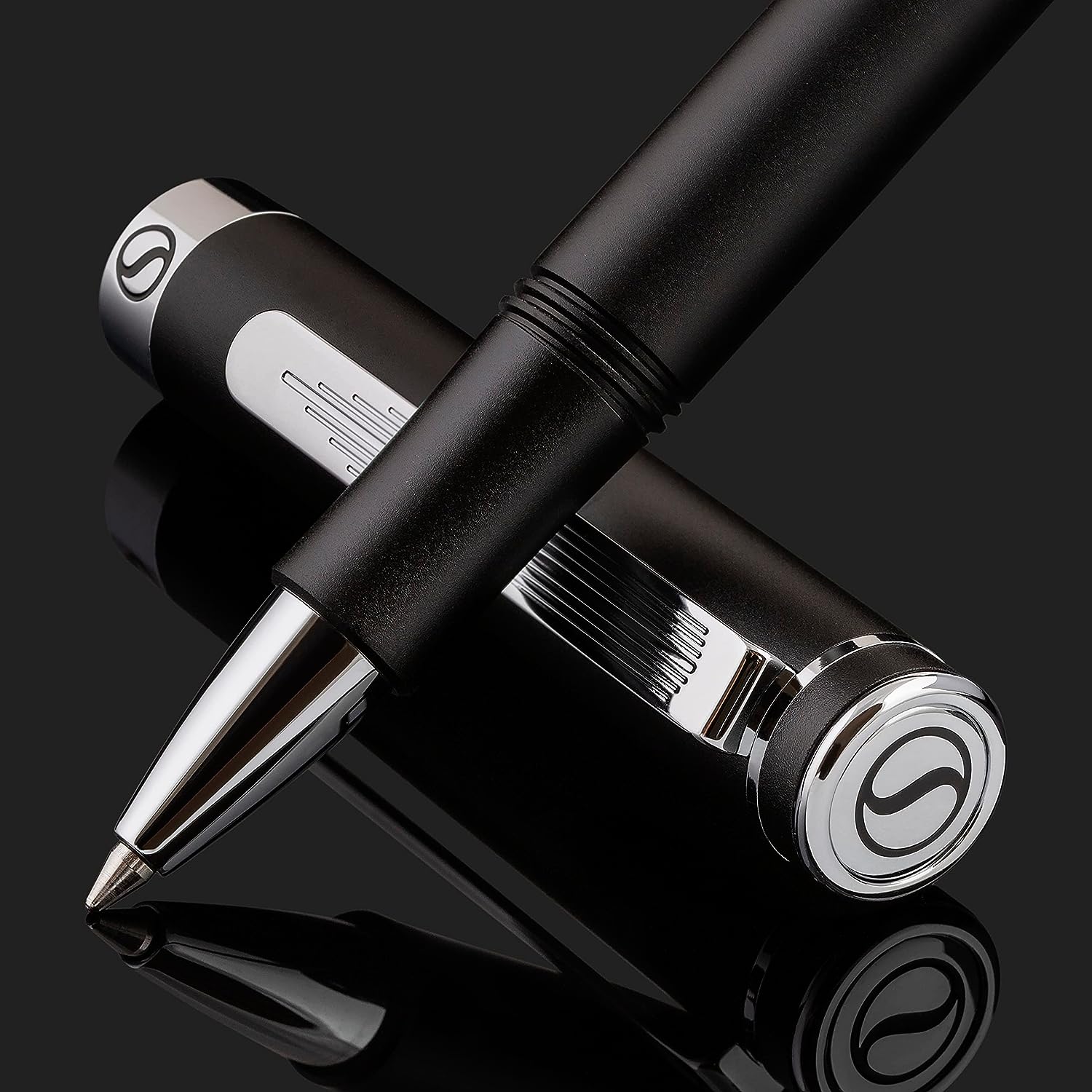 Scriveiner EDC Black Rollerball Luxury Pen, Stunning Pocket Pen with Chrome Finish