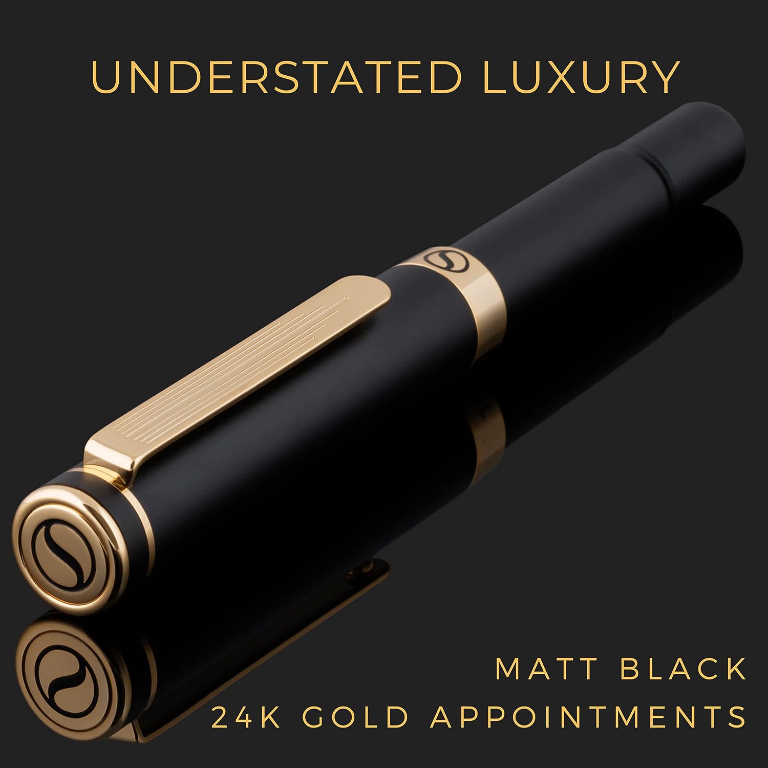 Scriveiner Luxury EDC Fountain Pen (Fine), Stunning Black Pocket Pen, 24K Gold Finish