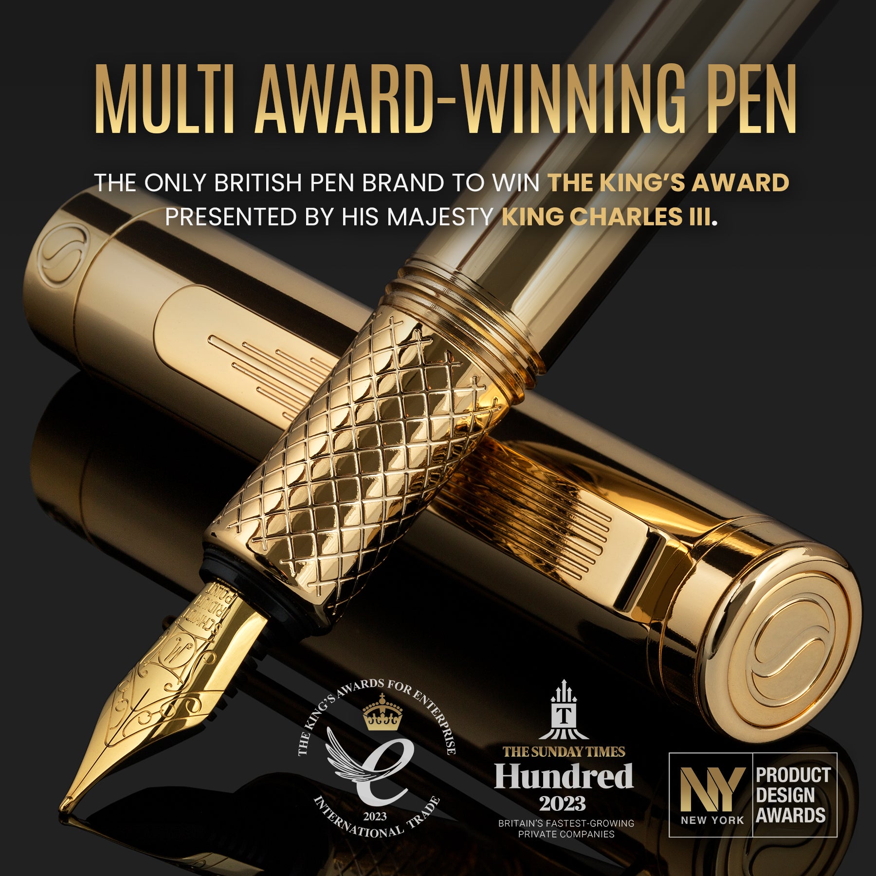 Scriveiner Gold Luxury Fountain Pen (Medium) - Award Winning - Heavy Pocket Pen, 22K Gold