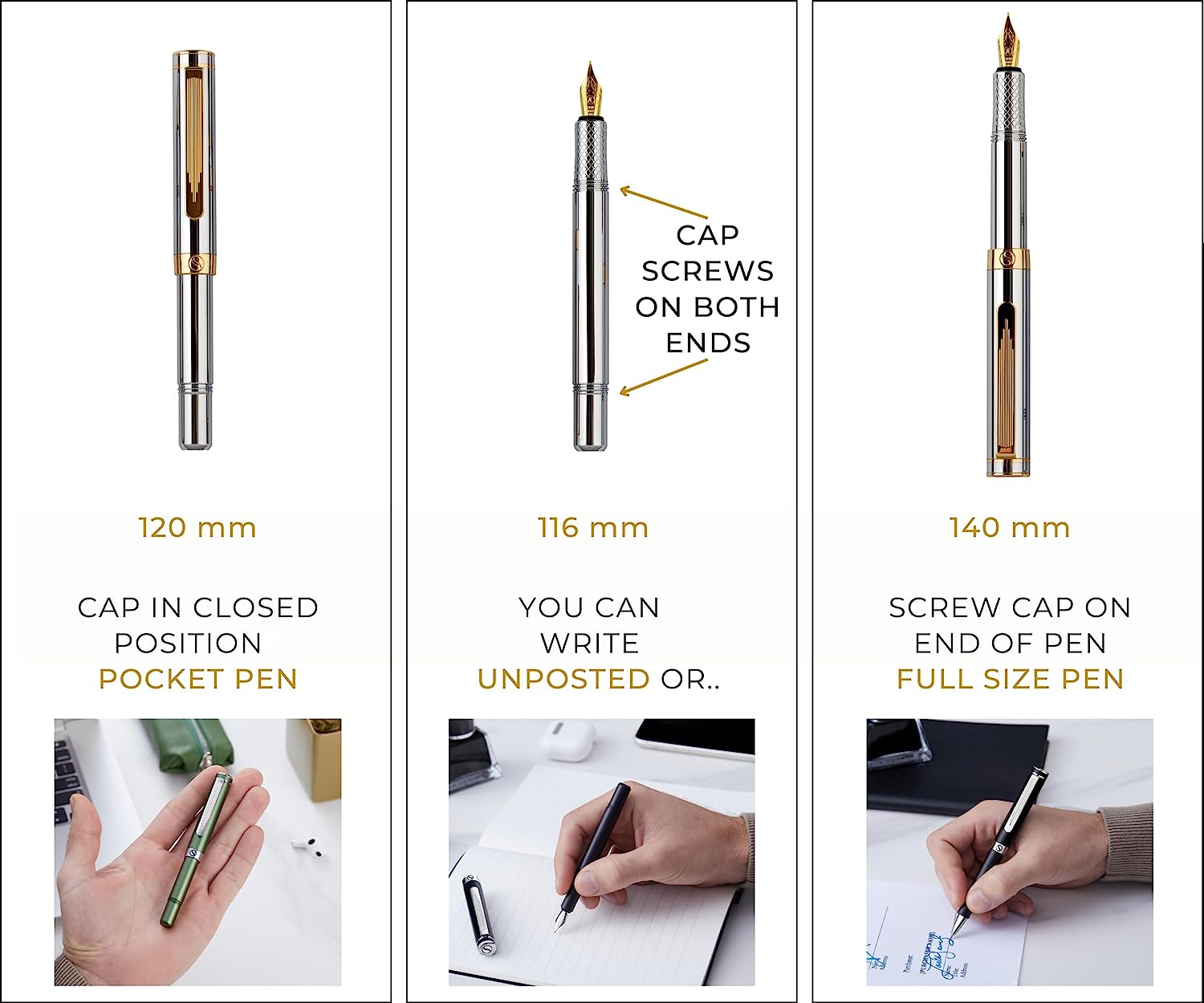 Scriveiner Luxury EDC Fountain Pen (Fine), Stunning Heavy Bronze Pocket Pen, Hand Brushed Finish