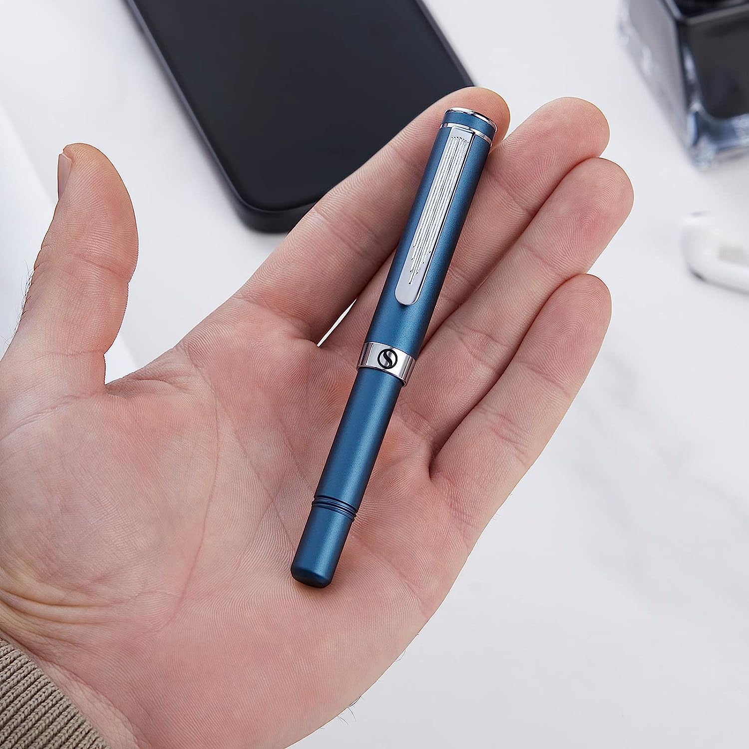 Scriveiner EDC Blue Rollerball Luxury Pen, Stunning Pocket Pen with Chrome Finish