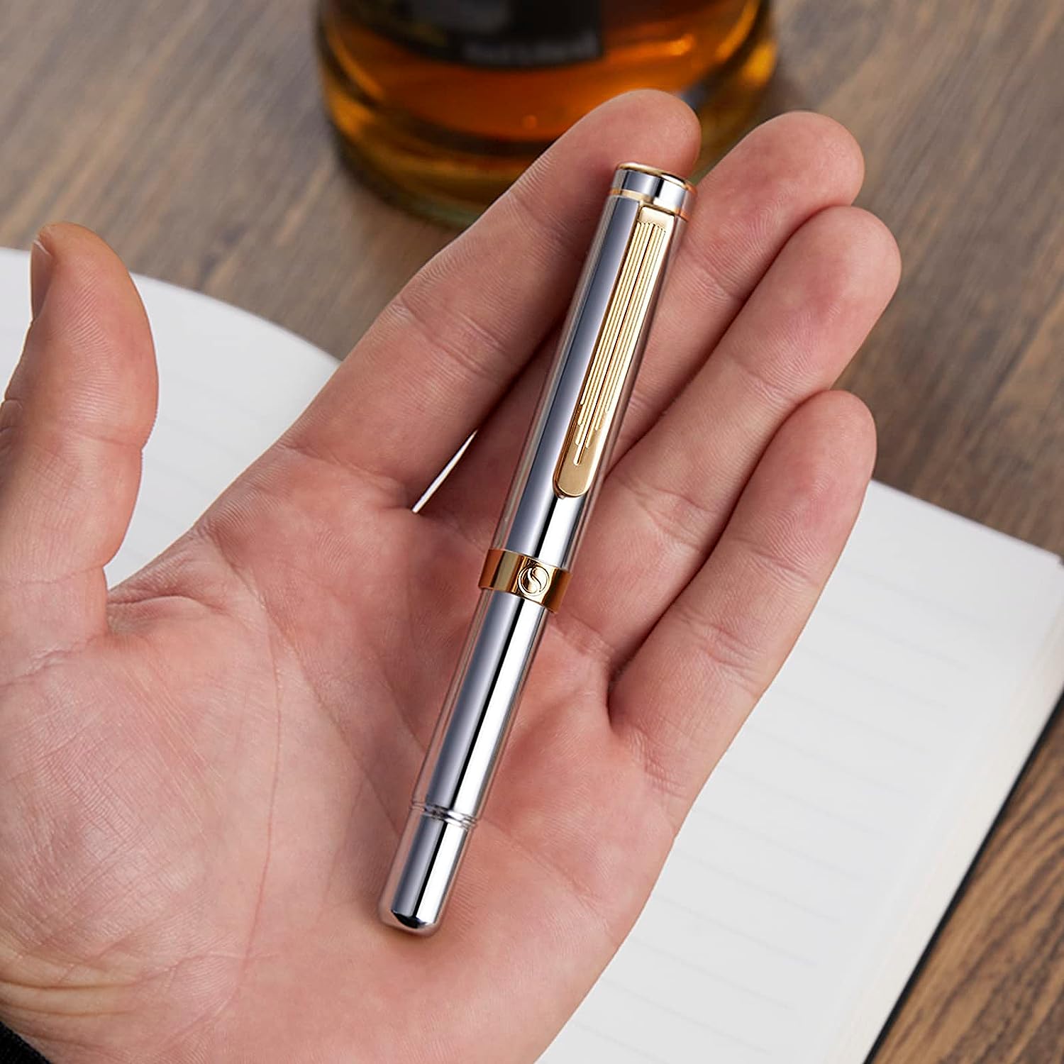 Scriveiner EDC Silver Chrome Rollerball, Award Winning Luxury Pen, Heavy Pocket Pen, 24K Gold Finish