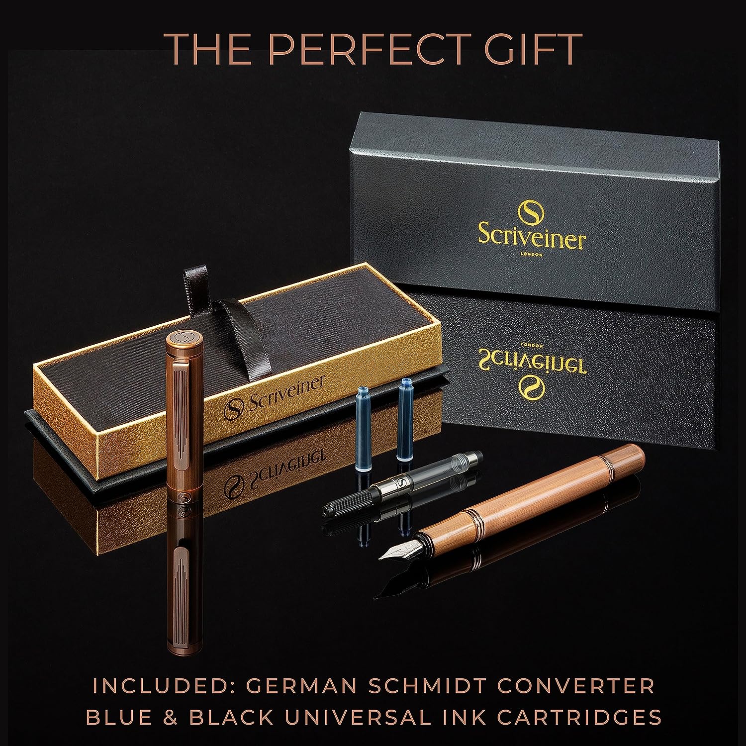 Scriveiner Luxury EDC Fountain Pen (Medium), Stunning Heavy Brass Pocket Pen, Hand Brushed Copper Finish