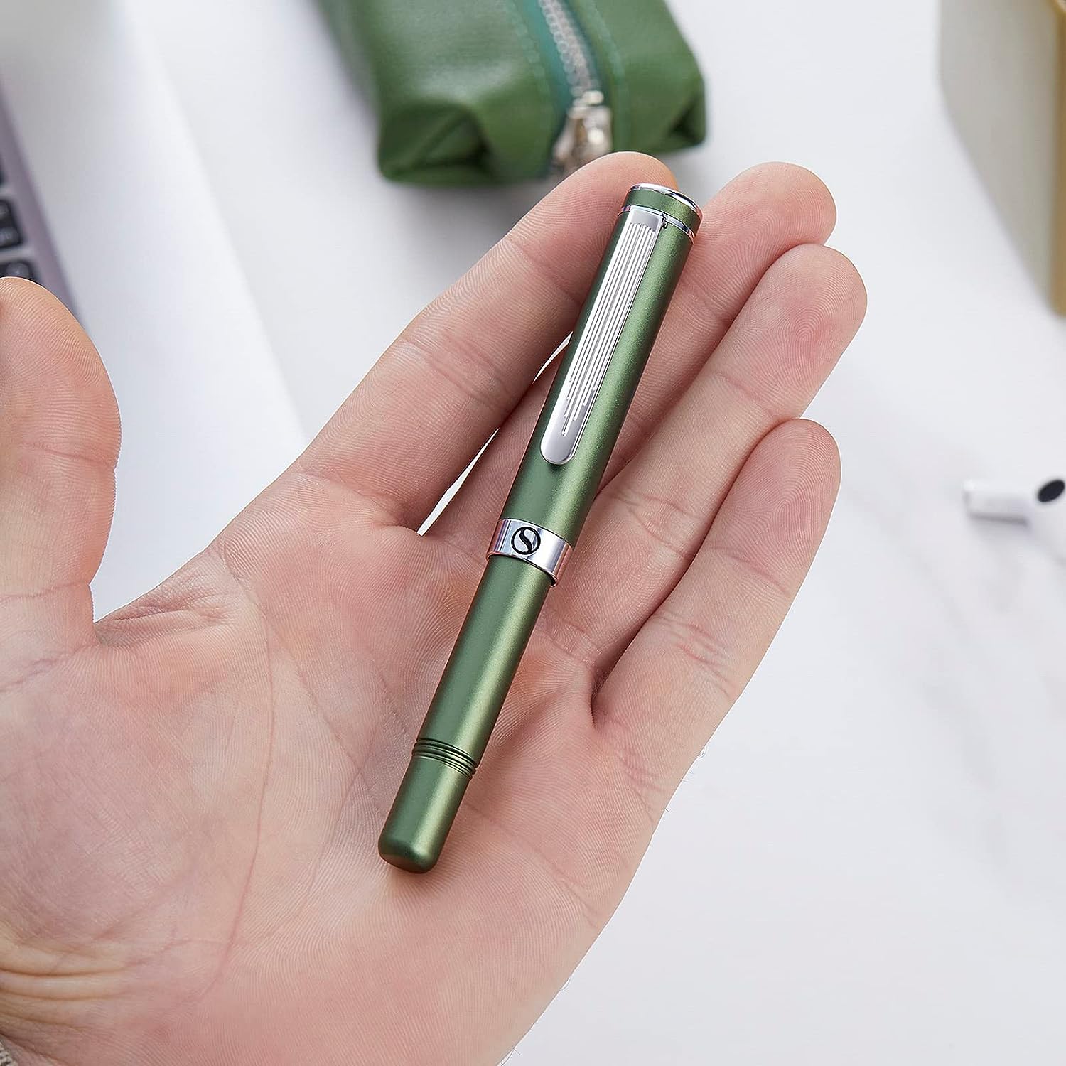 Scriveiner Luxury EDC Fountain Pen (Medium), Stunning Matt Green Pocket Pen, Chrome Finish