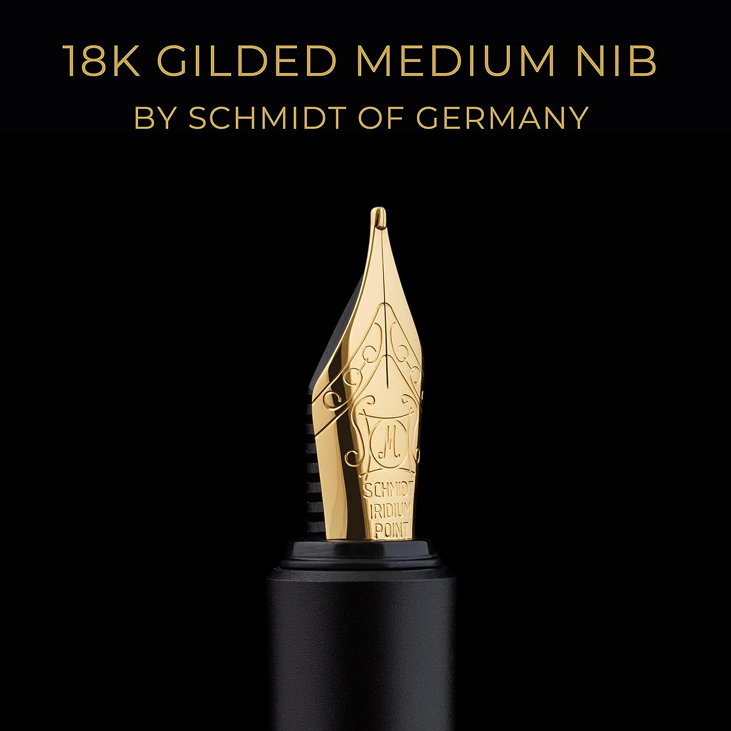 Scriveiner Luxury EDC Fountain Pen (Medium), Stunning Black Pocket Pen, 24K Gold Finish