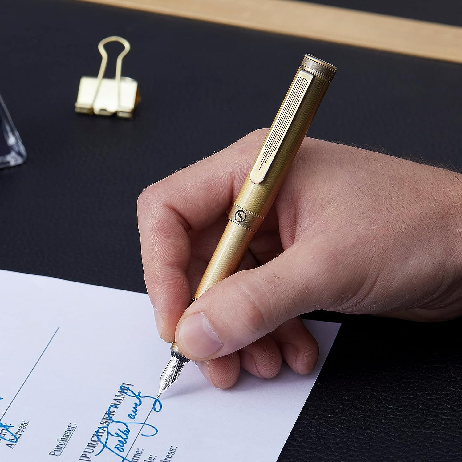 Scriveiner Luxury EDC Fountain Pen (Fine), Stunning Heavy Bronze Pocket Pen, Hand Brushed Finish