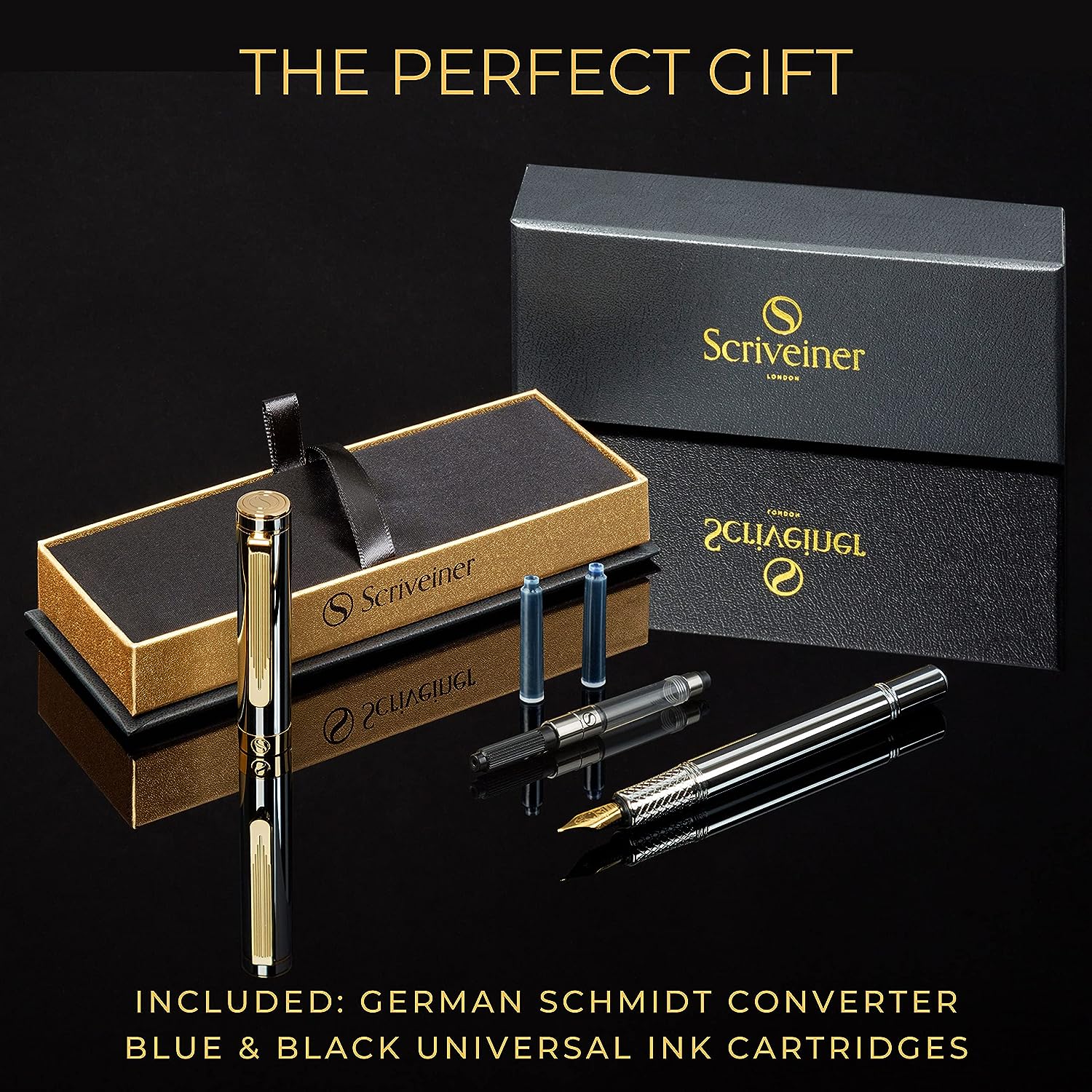 Scriveiner Silver Chrome Fountain Pen (Medium), Award Winning Luxury Pen, Heavy Pocket Pen with 24K Gold Finish