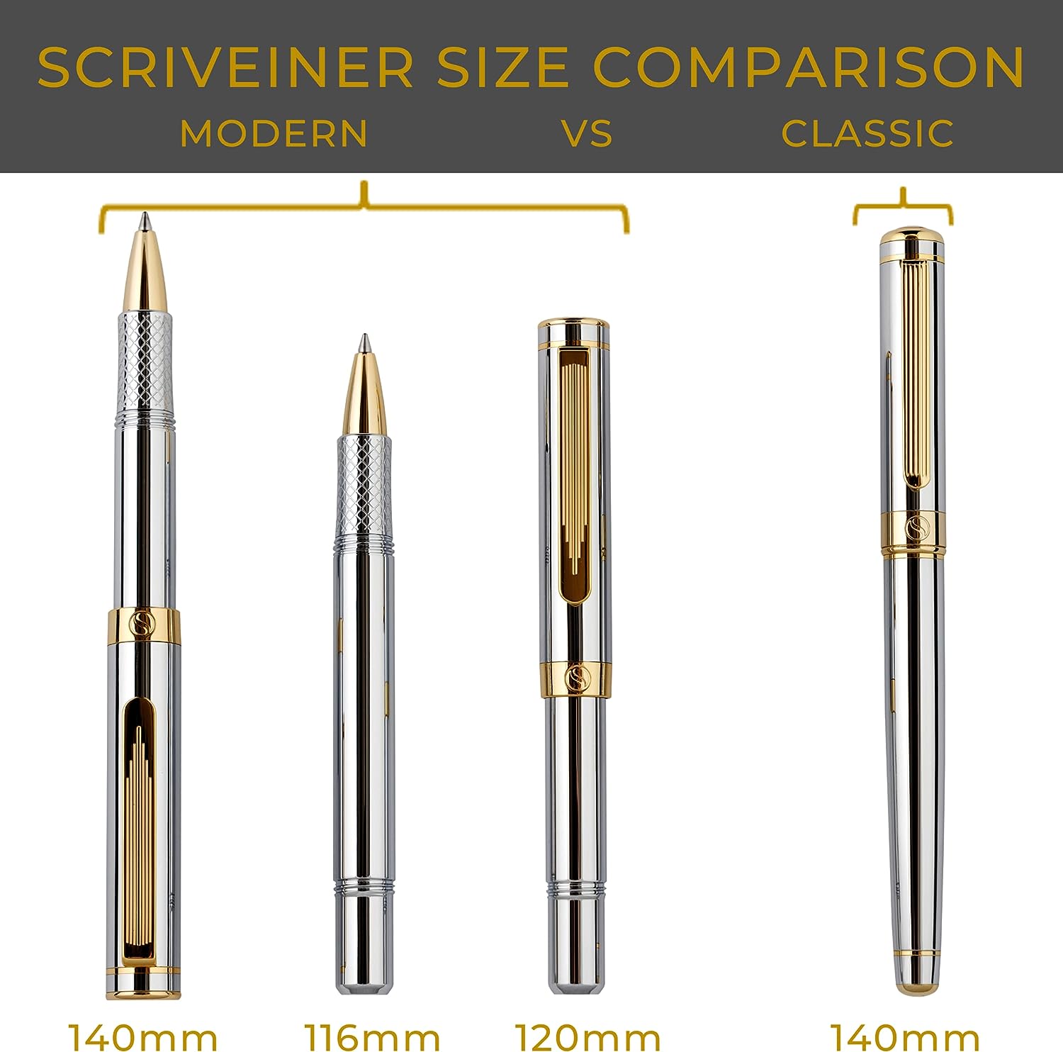 Scriveiner EDC Silver Chrome Rollerball, Award Winning Luxury Pen, Heavy Pocket Pen, 24K Gold Finish