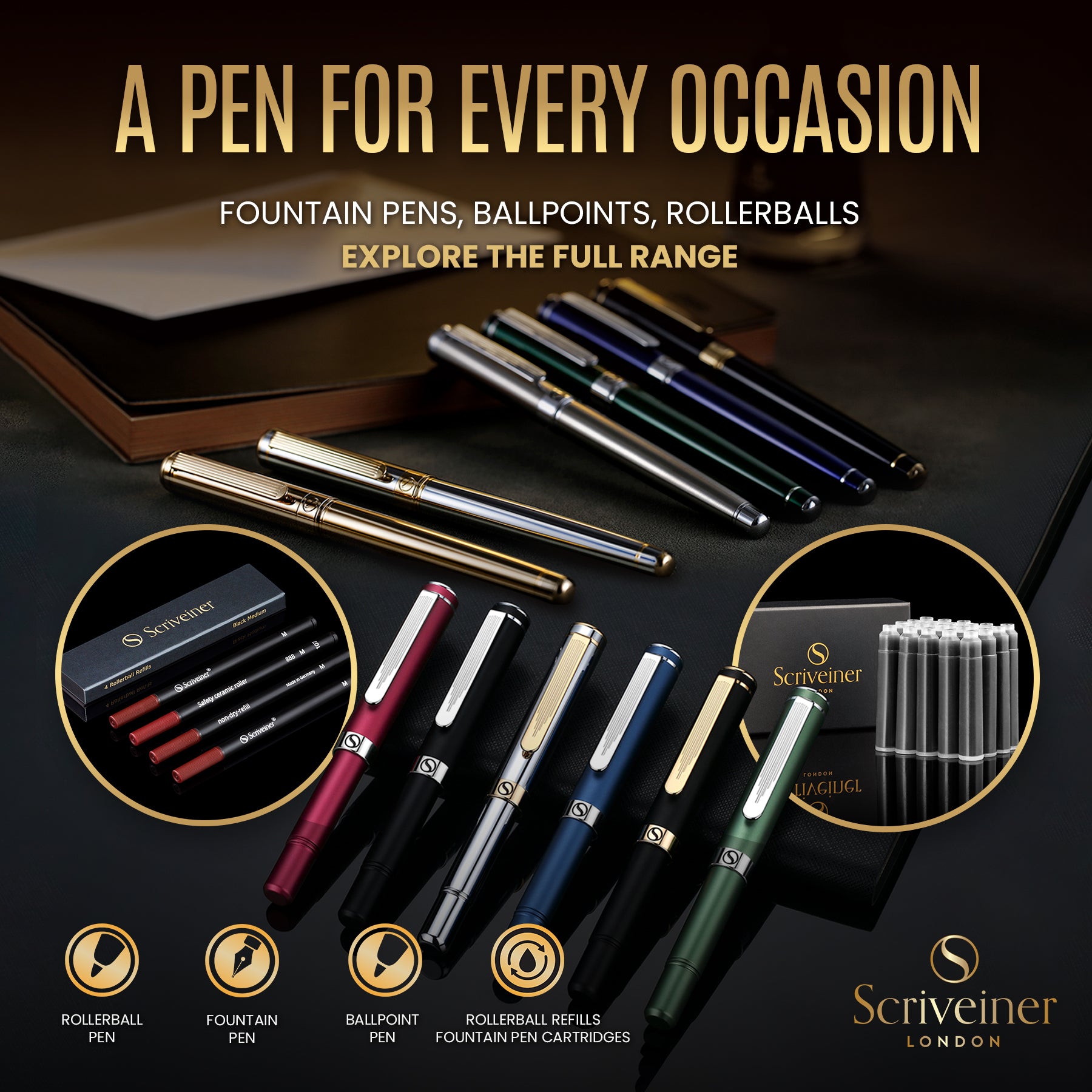 Scriveiner Gold Luxury Fountain Pen (Medium) - Award Winning - Heavy Pocket Pen, 22K Gold