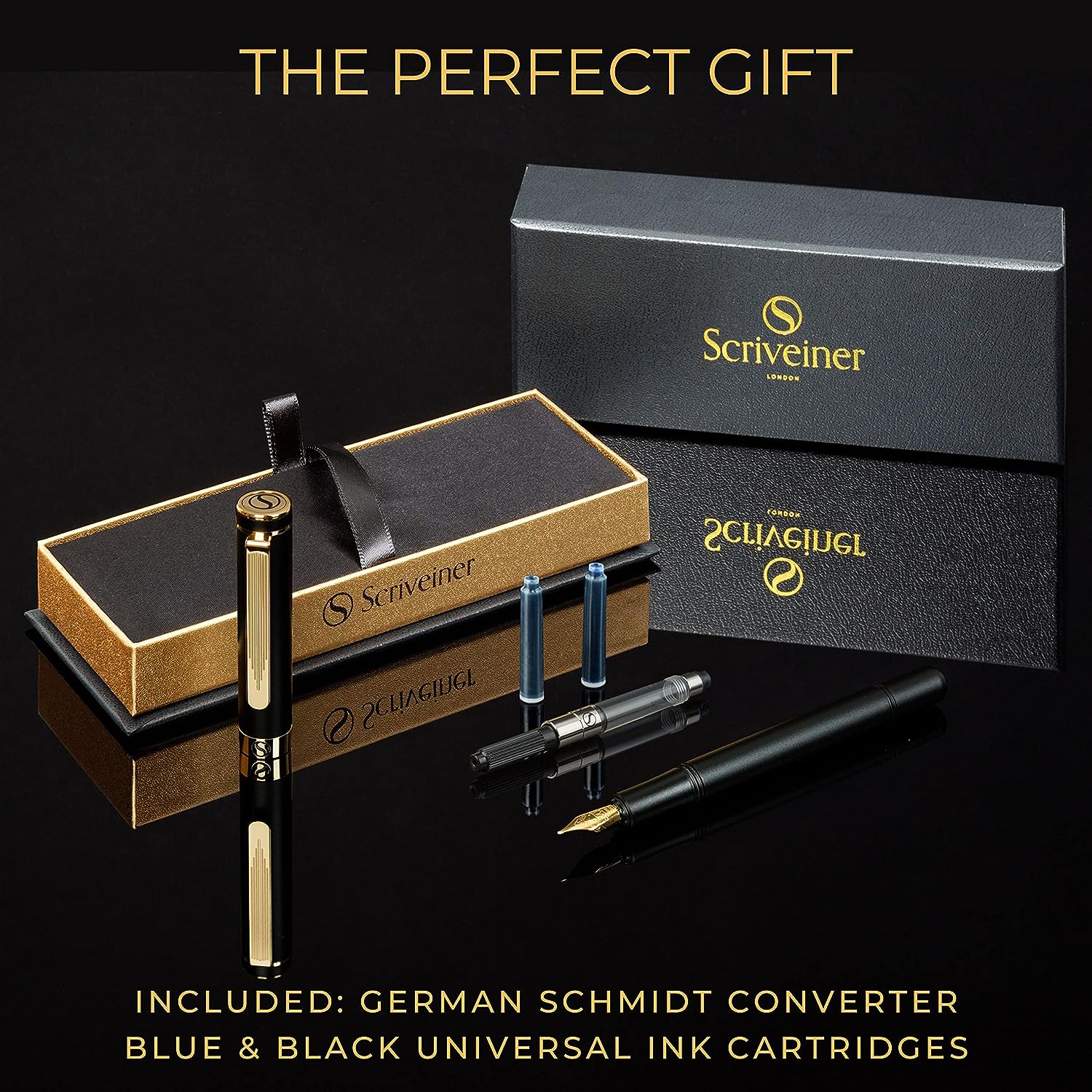 Scriveiner Luxury EDC Fountain Pen (Medium), Stunning Black Pocket Pen, 24K Gold Finish