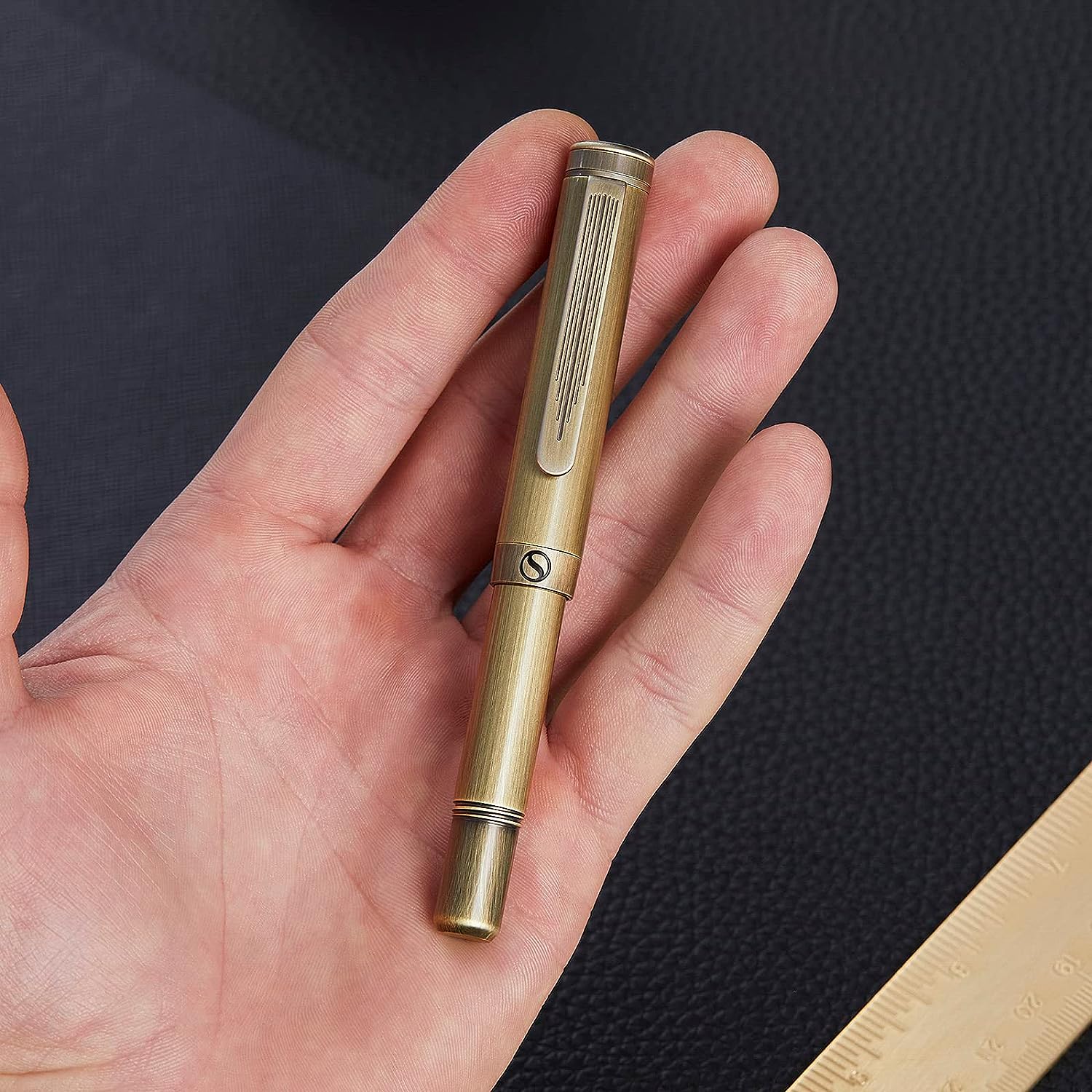 Scriveiner Luxury EDC Fountain Pen (Fine), Stunning Heavy Bronze Pocket Pen, Hand Brushed Finish