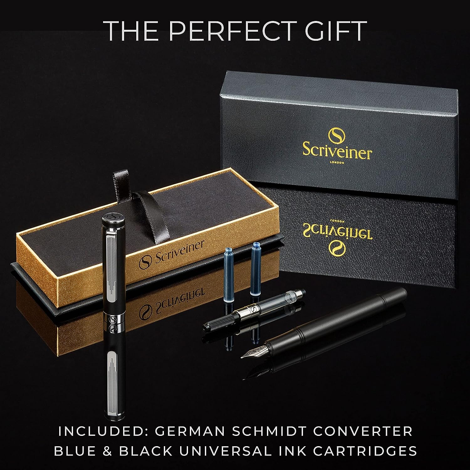 Scriveiner Luxury EDC Fountain Pen (Fine), Stunning Matt Black Pocket Pen, Chrome Finish