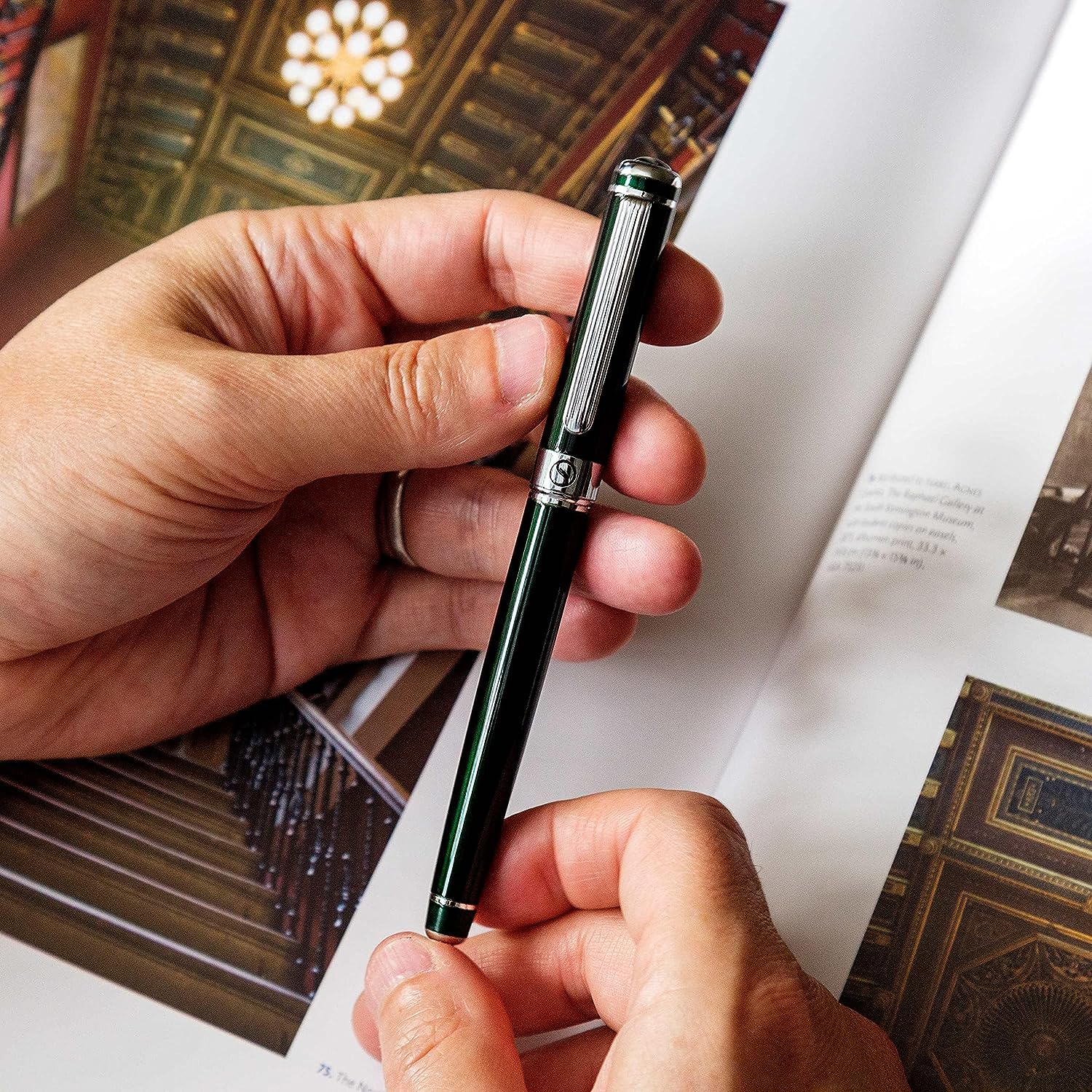 Scriveiner Black Green Fountain Pen (Medium) - Stunning Luxury Pen with Chrome Finish