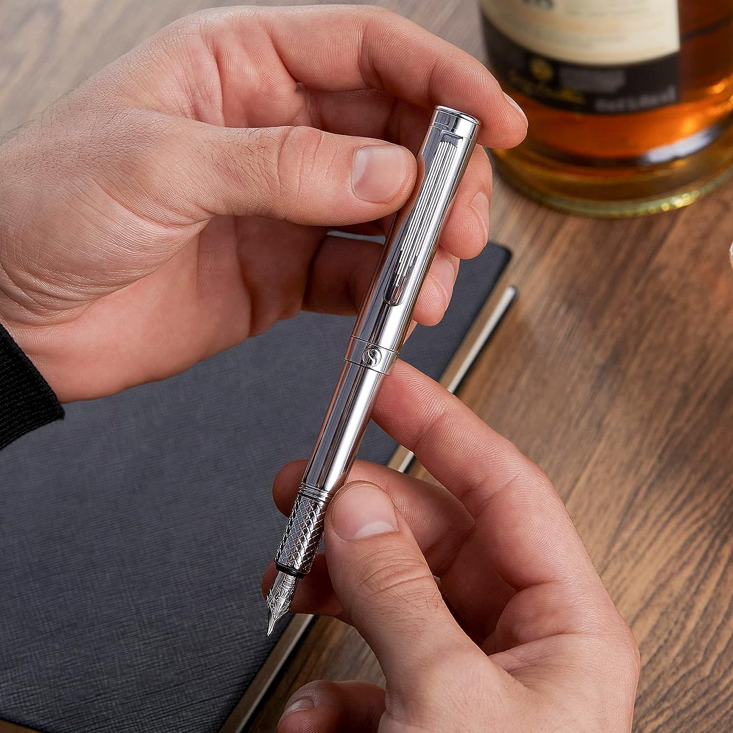 Scriveiner Silver Chrome Fountain Pen (Medium), Award Winning Luxury Pen, Heavy Pocket Pen, Chrome Finish