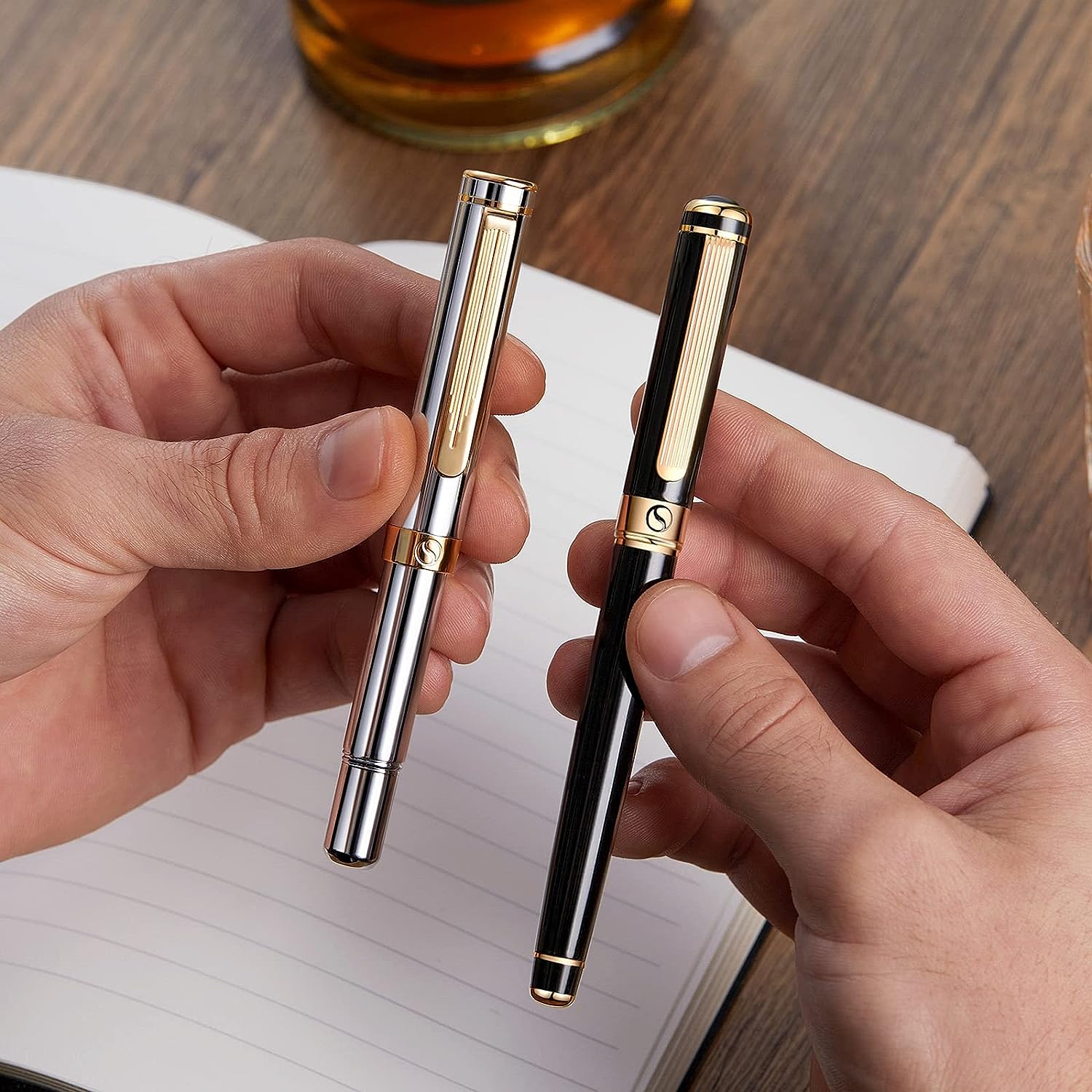 Scriveiner Silver Chrome Fountain Pen (Fine), Award Winning Luxury Pen, Heavy Pocket Pen with 24K Gold Finish