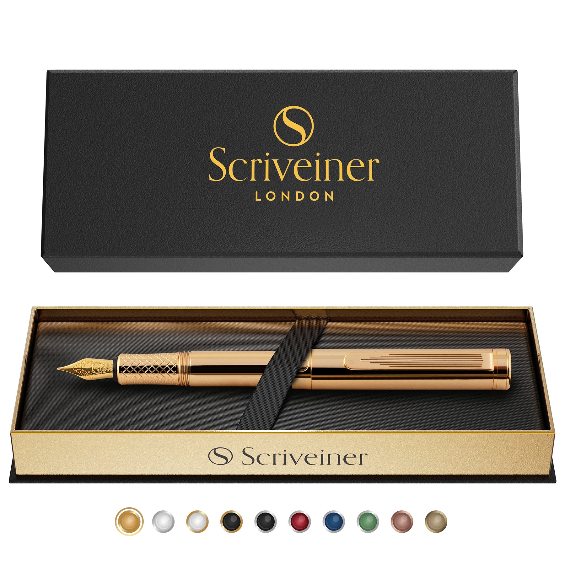 Scriveiner Gold Luxury Fountain Pen (Medium) - Award Winning - Heavy Pocket Pen, 22K Gold