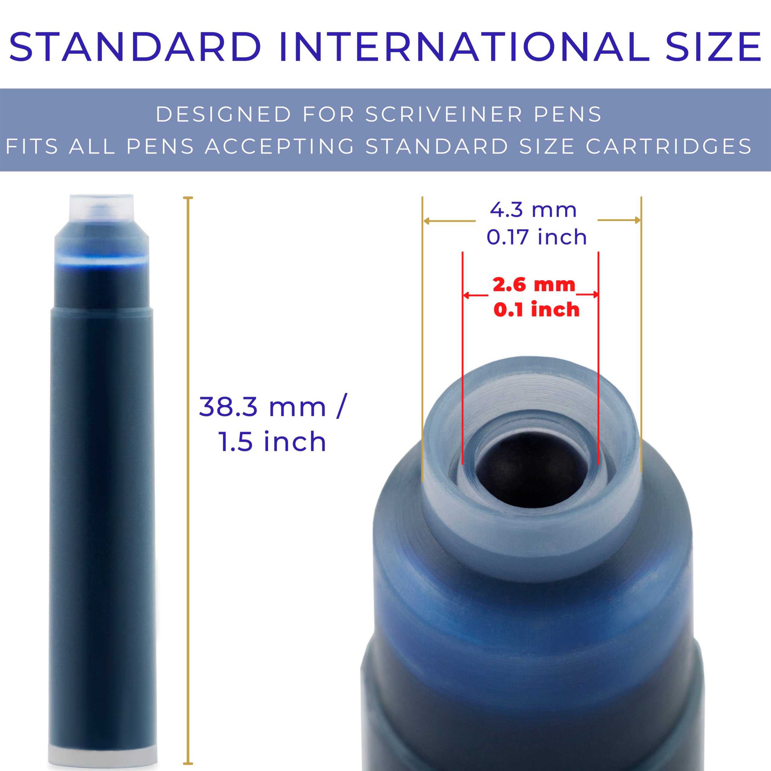 Scriveiner Fountain Pen Ink Cartridges - Blue - 20 Standard International Ink Cartridges, Made in UK