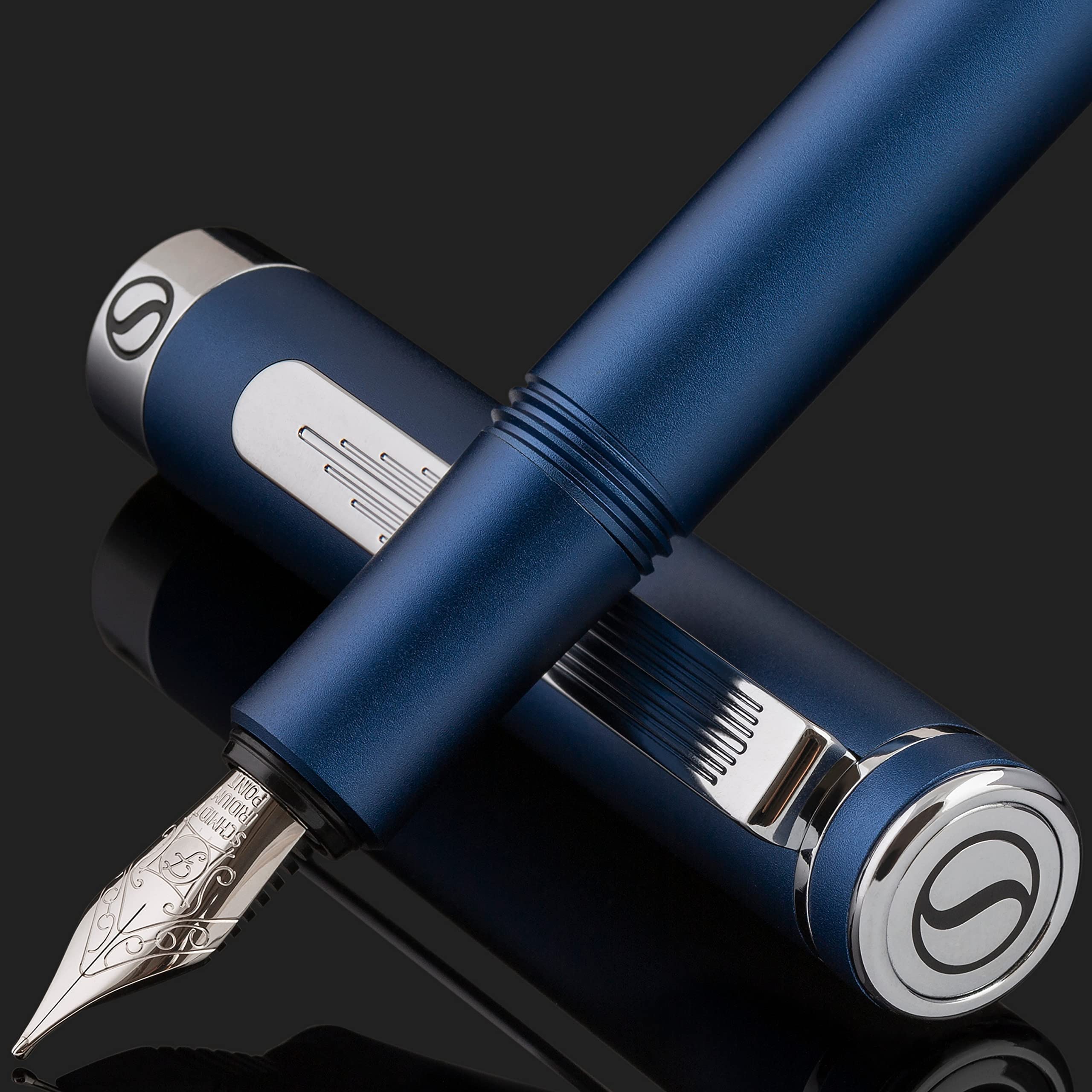 Scriveiner Luxury EDC Fountain Pen (Fine), Stunning Matt Blue Pocket Pen, Chrome Finish