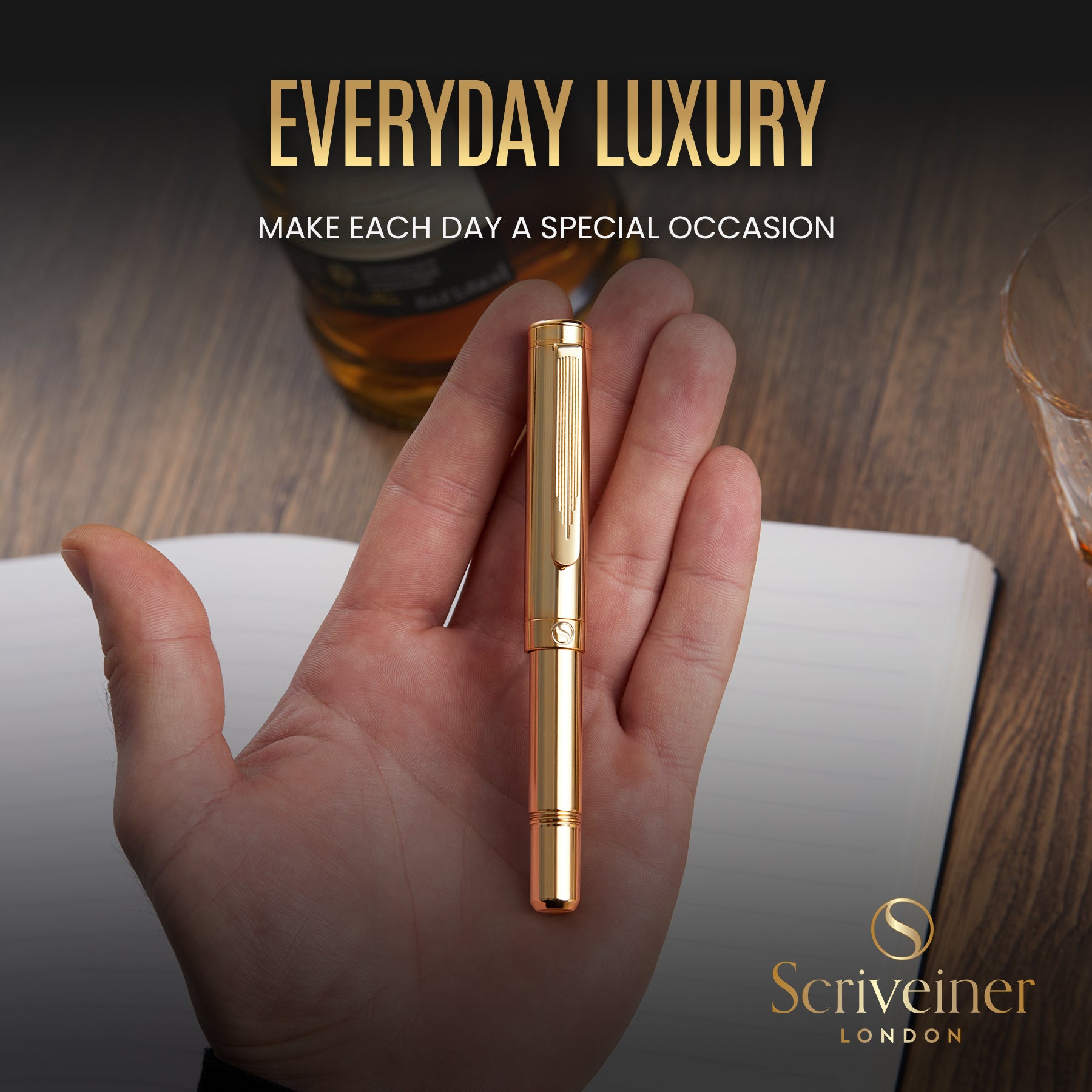 Scriveiner Gold Luxury Fountain Pen (Fine) - Award Winning - Heavy Pocket Pen, 22K Gold